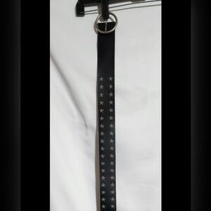 Vintage Black Genuine Leather Biker Belt with Offwhite Stitching Star Pattern